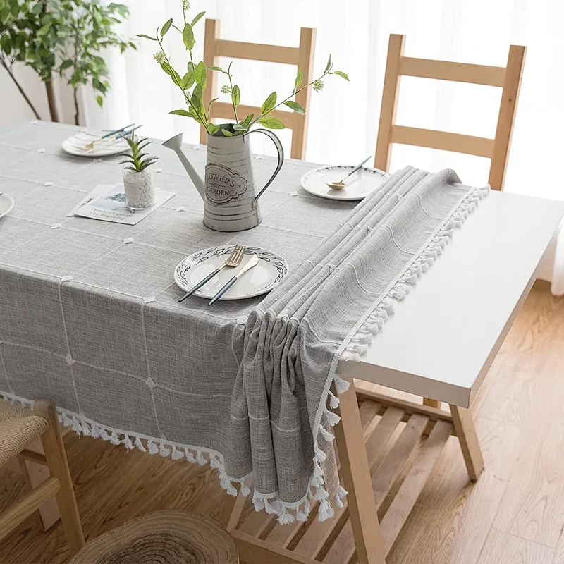 Linen Grey Rectangle Table Cloths Lattice Cotton Tablecloth for Kitchen Dining Party Holiday Christmas Buffet