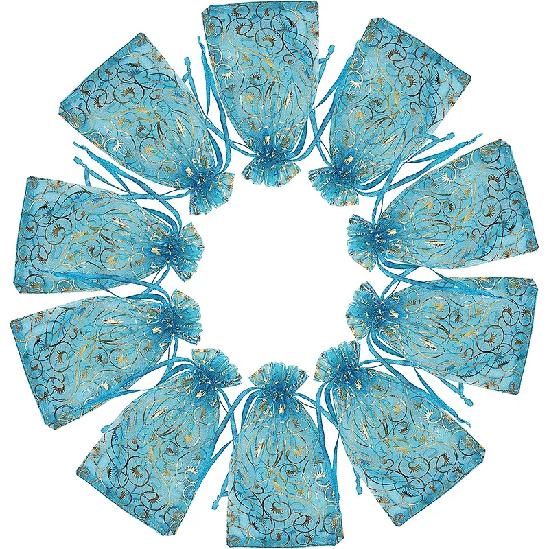 Hot Sale Cyan Custom Size Mesh Gift Bags for Wedding Party Favor Pouches Christmas Bags
