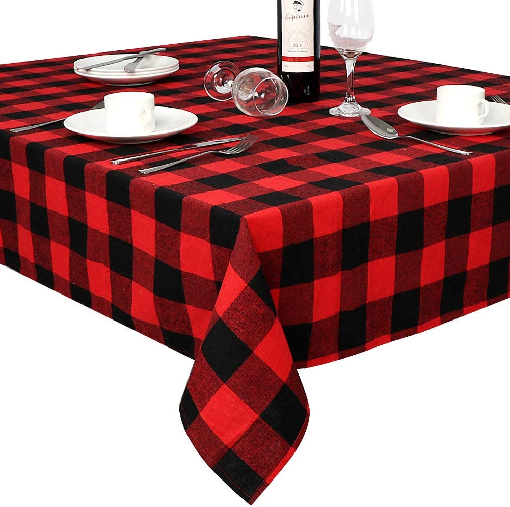 Custom Tablecloth Rectangle Buffalo Plaid Tablecloth Rectangle  Waterproof Black Red Checkered 100% Cotton Table