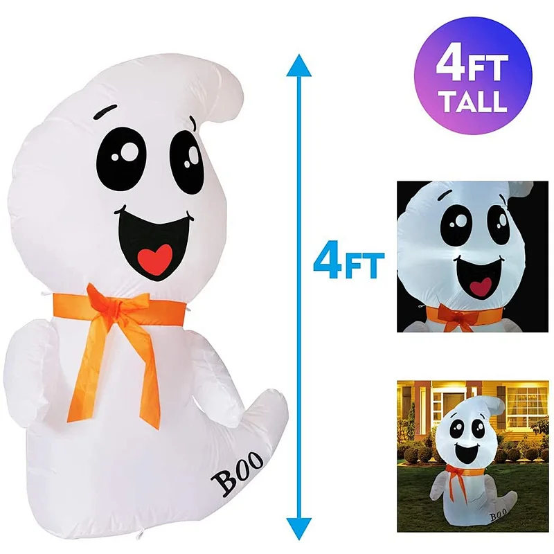 4 FT Halloween Inflatable Outdoor White Cute Ghost Blow Up Yard Decoration Clearance with LED Lights Built