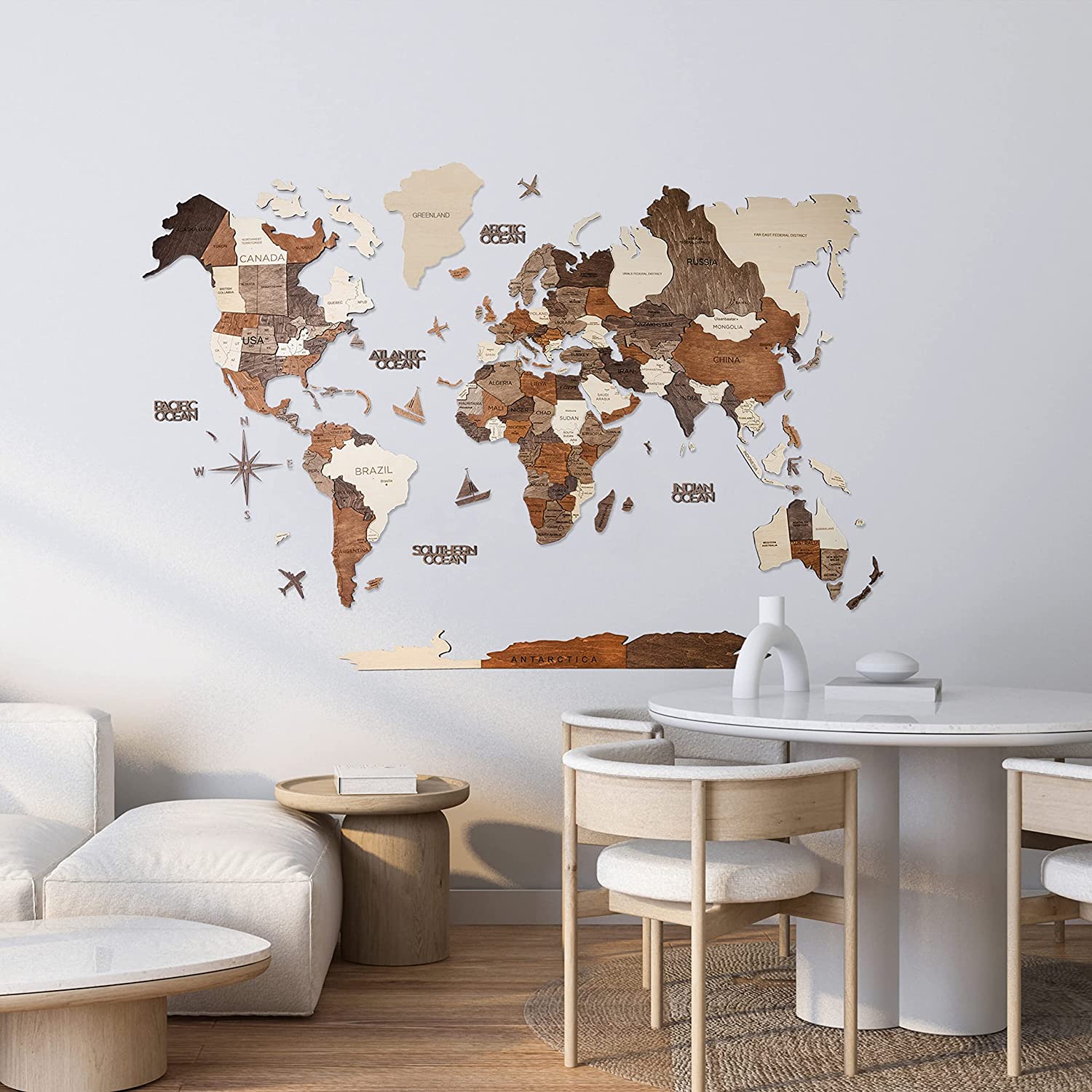 3D Wood World Map M Prime Multicolor Wall Art Decor