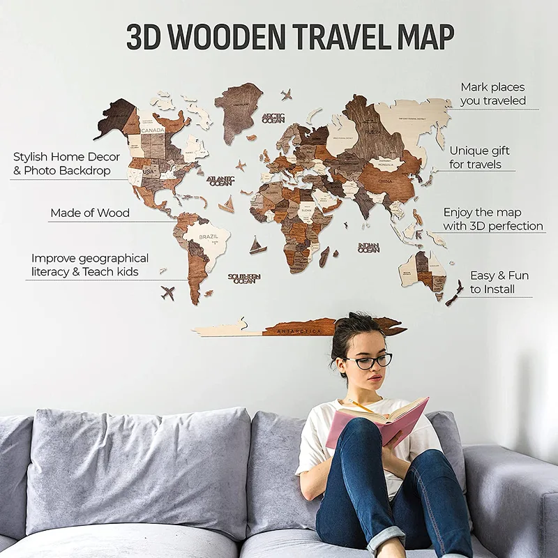 M Prime Multicolor Wall Art Decor The 3D Wooden Wall Map