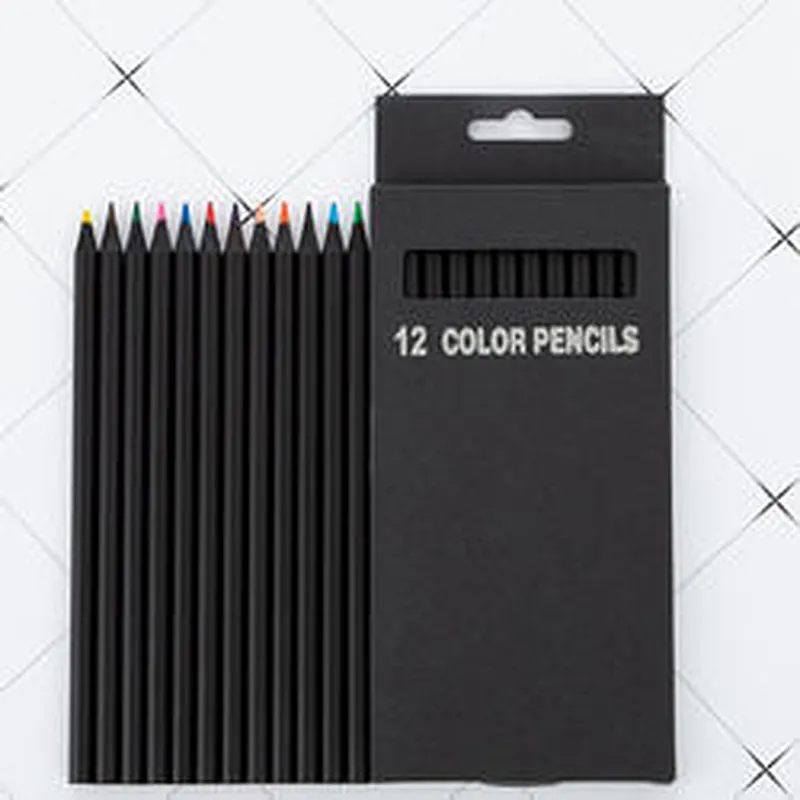 12 Colors Black Wood Colored Pencil Into Paper Box For Drawing Art