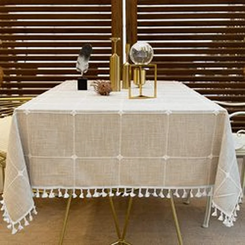 Linen Grey Rectangle Table Cloths Lattice Cotton Tablecloth for Kitchen Dining Party Holiday Christmas Buffet