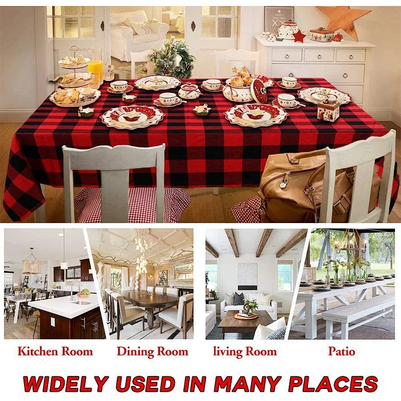 Custom Tablecloth Rectangle Buffalo Plaid Tablecloth Rectangle  Waterproof Black Red Checkered 100% Cotton Table