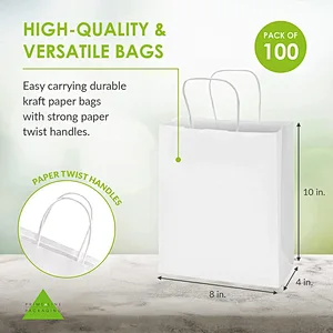 Custom Logo Size 8x4x10 Inch 100 Pack White Gift Bags Small Paper Shopping Bags with Handles