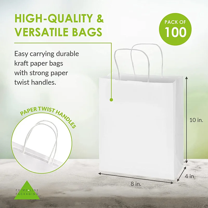 Custom Logo Size 8x4x10 Inch 100 Pack White Gift Bags Small Paper Shopping Bags with Handles