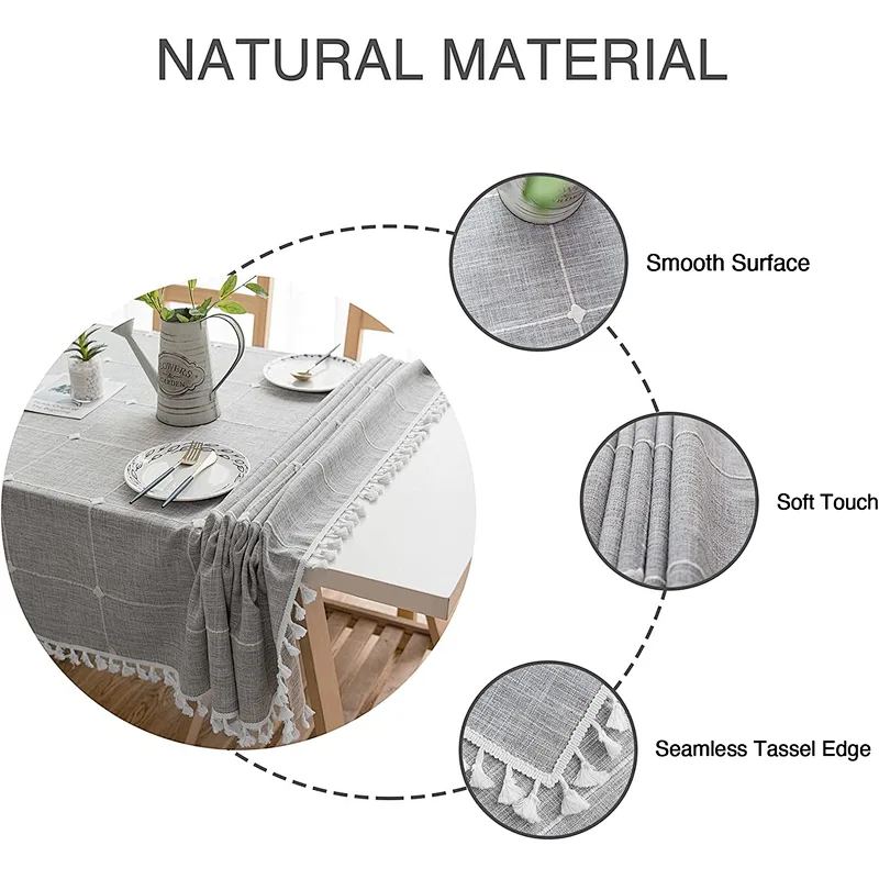 Linen Grey Rectangle Table Cloths Lattice Cotton Tablecloth for Kitchen Dining Party Holiday Christmas Buffet