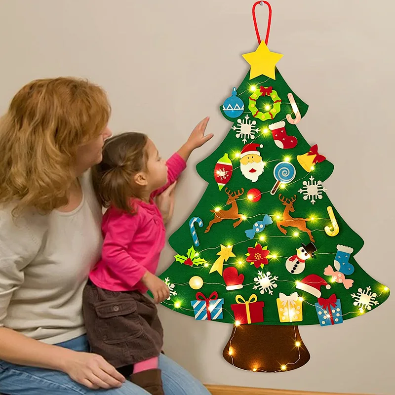 2023 DIY Lighted Felt Christmas Tree Set Plus Snowman Advent Calendar Xmas Decorations Wall Hanging Ornaments Kids Gift