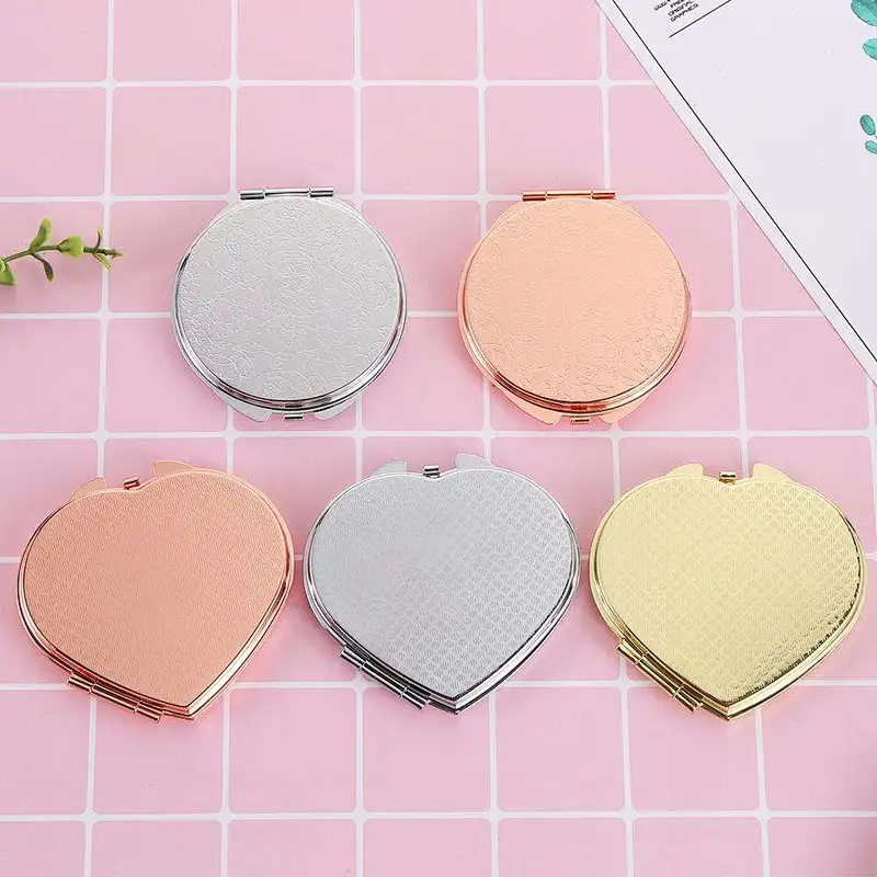 Hot Sale Promotion Small Magnetic Gift Red Heart Shaped Pocket Portable Folding Ladies Makeup Mirror Leather Pink Compact Mirror