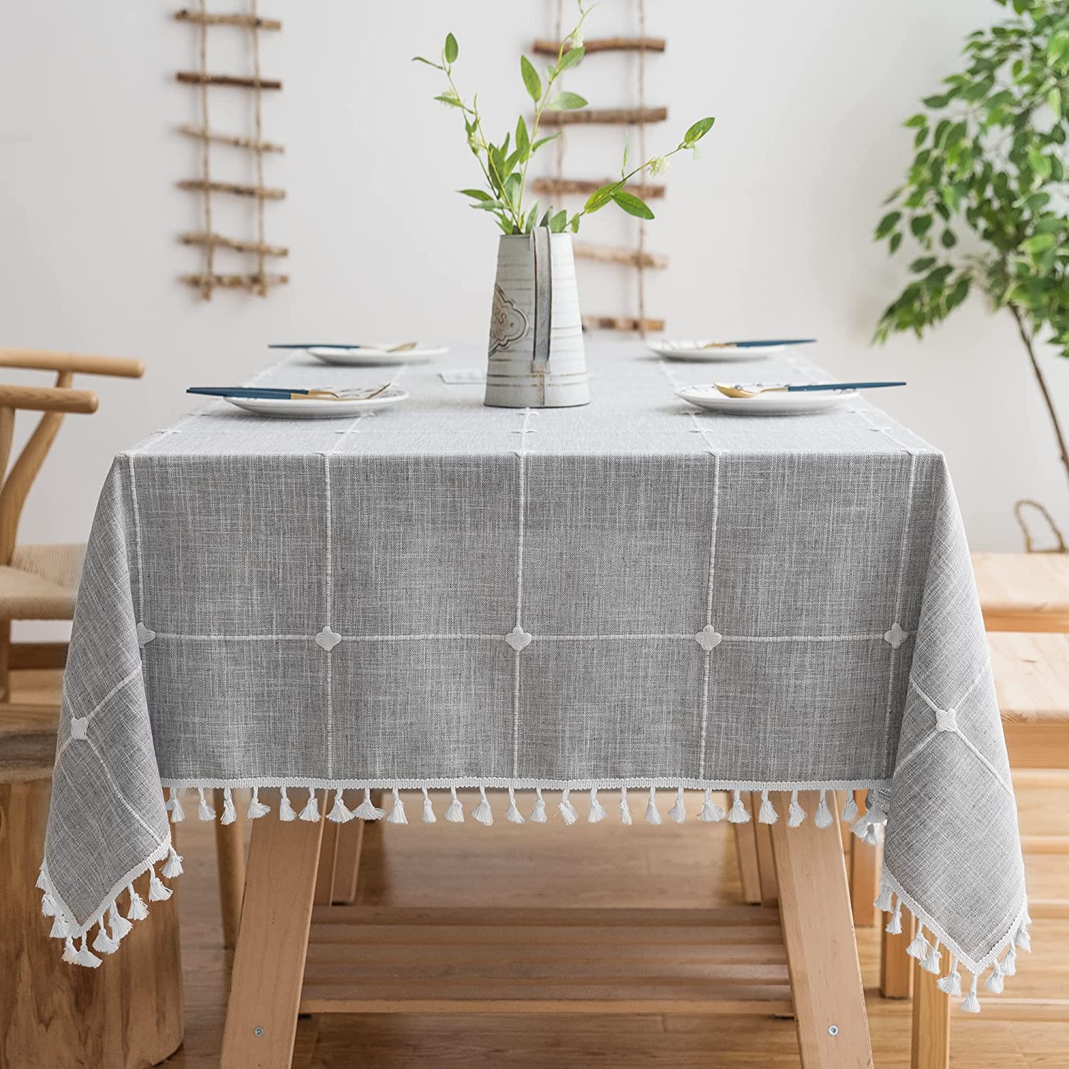 Linen Grey Rectangle Table Cloths Lattice Cotton Tablecloth for Kitchen Dining Party Holiday Christmas Buffet