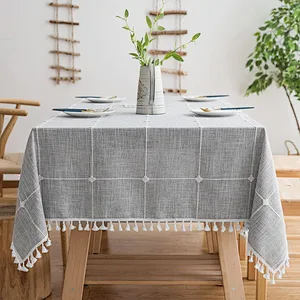 Linen Grey Rectangle Table Cloths Lattice Cotton Tablecloth for Kitchen Dining Party Holiday Christmas Buffet