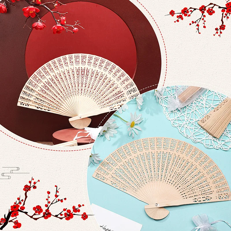 Wooden Fans Hand Held Folding Fans Vintage Chinese Fans Hollow Pattern with White Tassel and Gift Bag for Wedding Guest