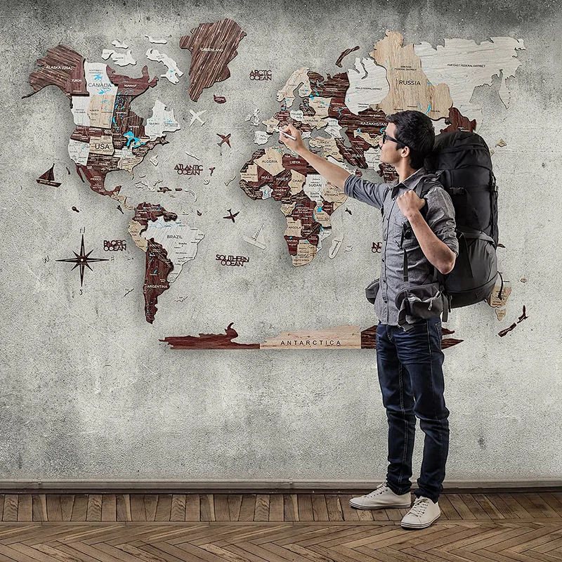 S M L Prime Cappuccino 3D Wood World Map