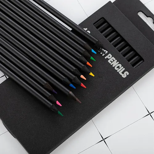 Wholesale High Quality Black Wooden 12 Color Pencil In Paper Box Stationery Set
