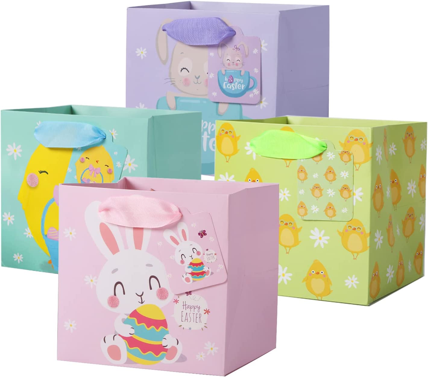 Easter Day Kid Cute Fasion Paper Shopping Gift Bags with Ribbon Handle and Name Tags