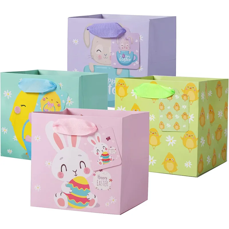 Easter Day Kid Cute Fasion Paper Shopping Gift Bags with Ribbon Handle and Name Tags