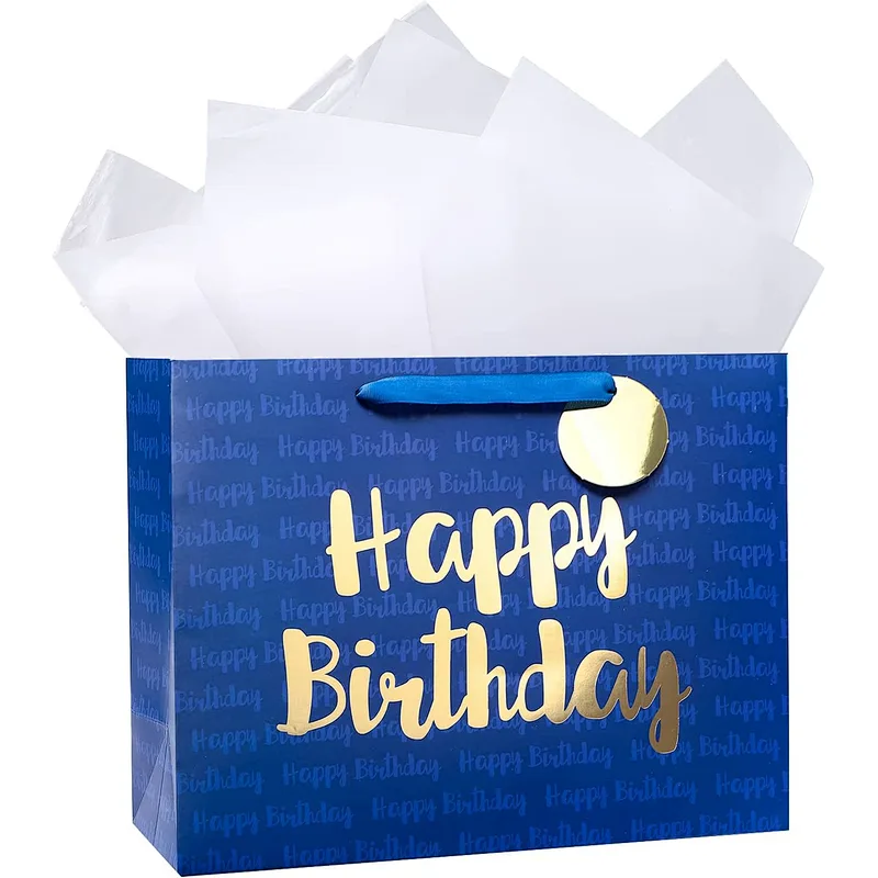 Blue Birthday Shopping Gift Bag with Tissue Paper for Birthday