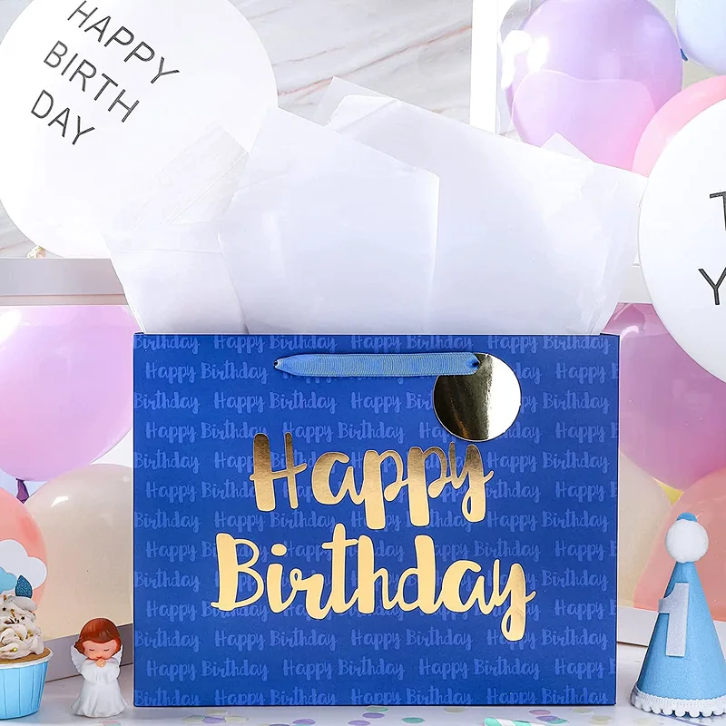 Blue Birthday Shopping Gift Bag with Tissue Paper for Birthday