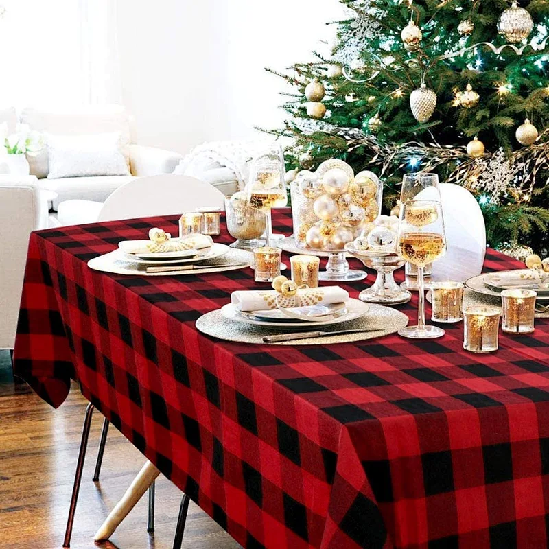 Custom Tablecloth Rectangle Buffalo Plaid Tablecloth Rectangle  Waterproof Black Red Checkered 100% Cotton Table