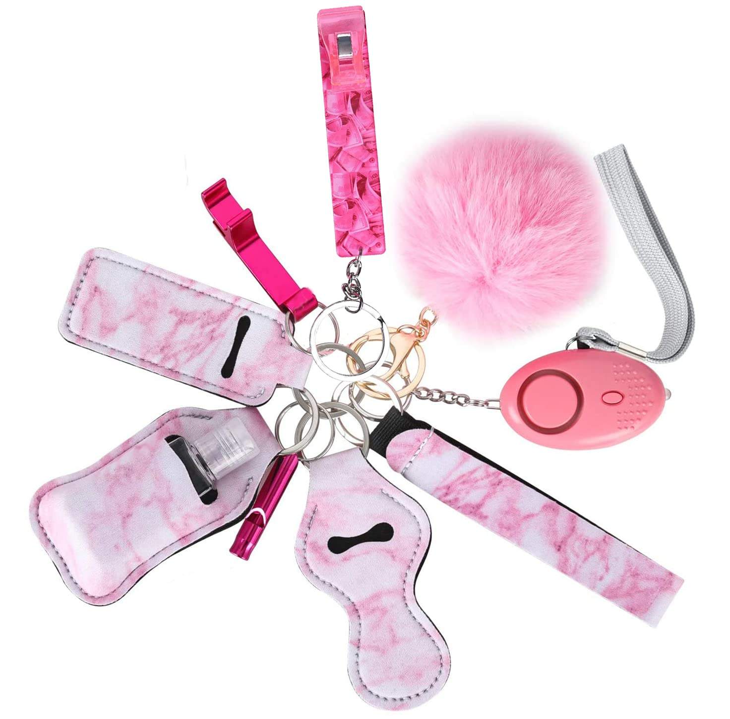 Multi Color Self Defense Keychain Set Pom Pom Sound Alarm Lipstick Holder Whistle Door Opener Bottle Opener Safety Keychain Kit