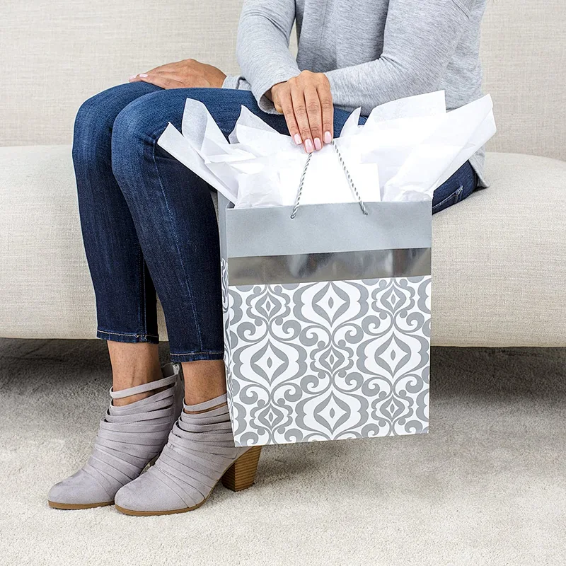 Silver Damask Large Gift Bag Tissue Paper Wedding Bag for Weddings