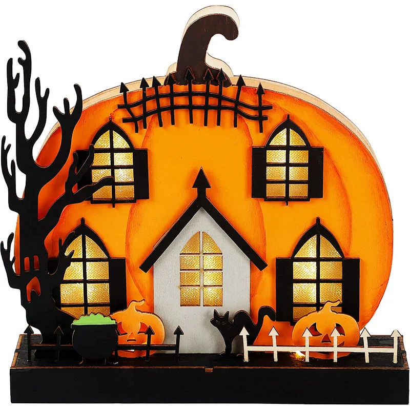 Halloween Tabletop Decoration Wooden Lighted Pumpkin House Decoration Ornaments