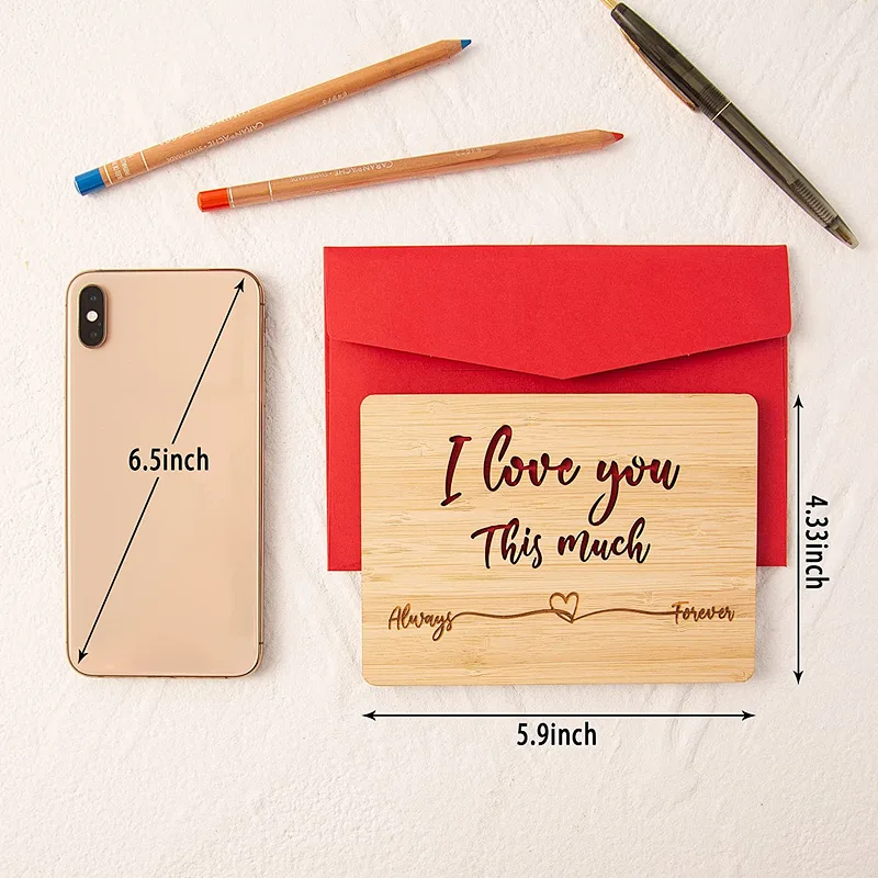 Custom Size Red Heart Wooden Gifts Card Wood Wedding Anniversary Birthday Valentine Day Card for Husband Wife