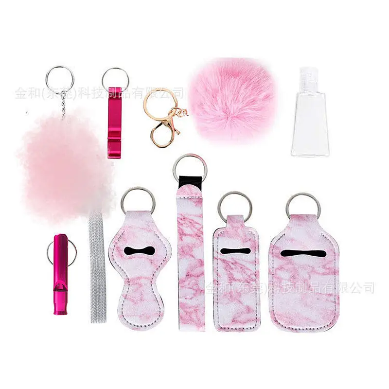 Multichoice Personal Alarm Opener Pompom Chapstick Sanitizer Holder Self Defense Keychain Set