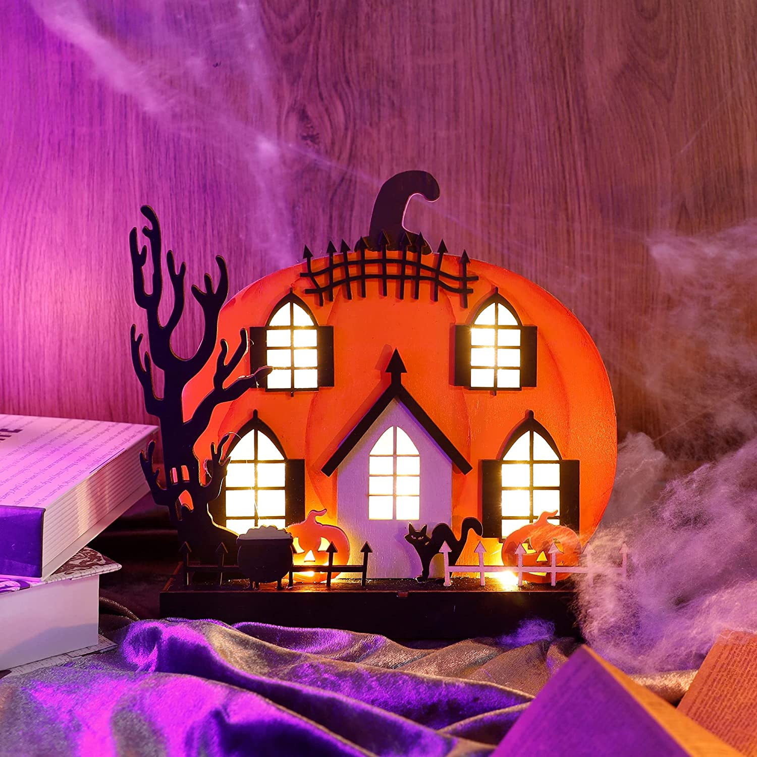 Halloween Decor Decoration Ornaments Tabletop Decoration Wooden Lighted Pumpkin House