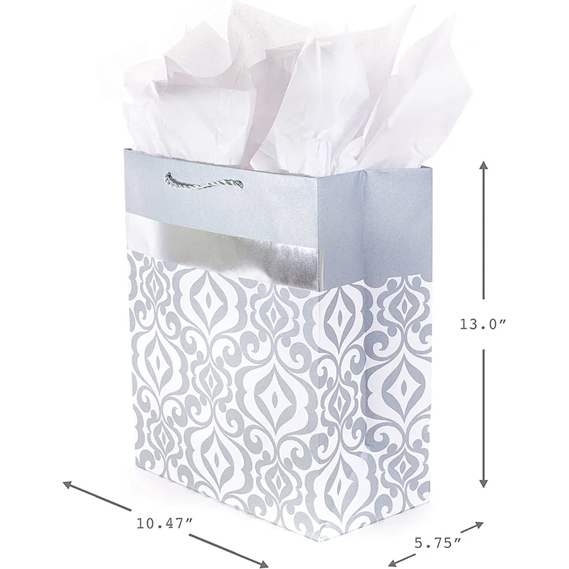 Silver Damask Large Gift Bag Tissue Paper Wedding Bag for Weddings