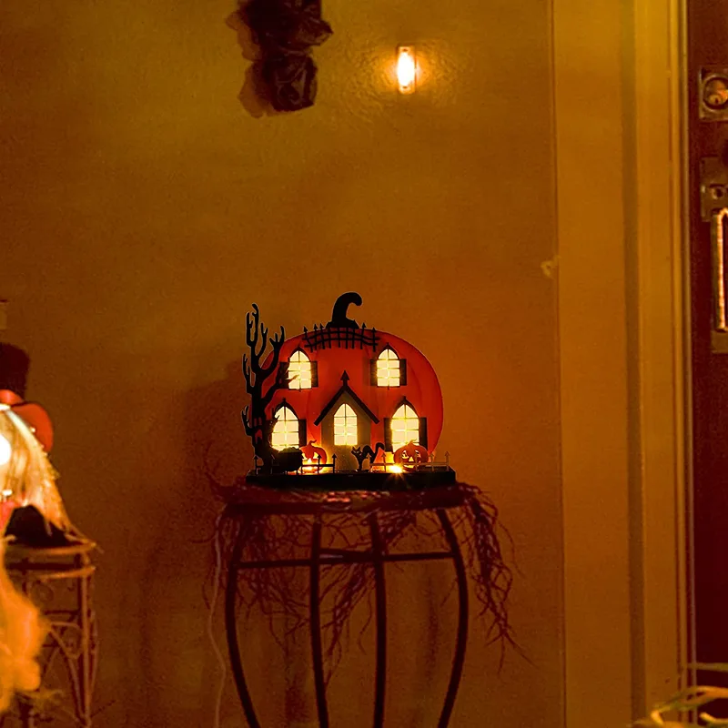 Halloween Decor Decoration Ornaments Tabletop Decoration Wooden Lighted Pumpkin House