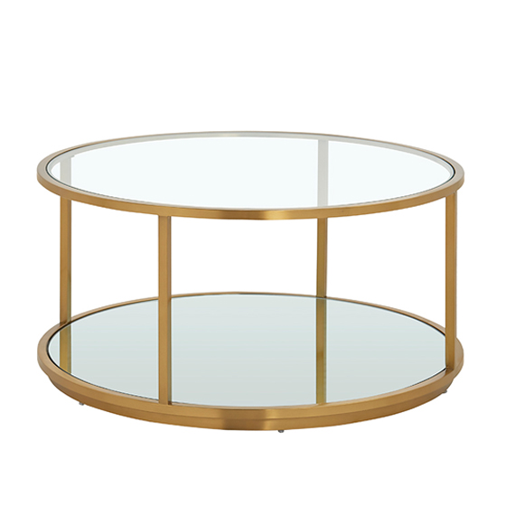 round coffee table, top is glass, shelf is mirro, the frame is stainless steel