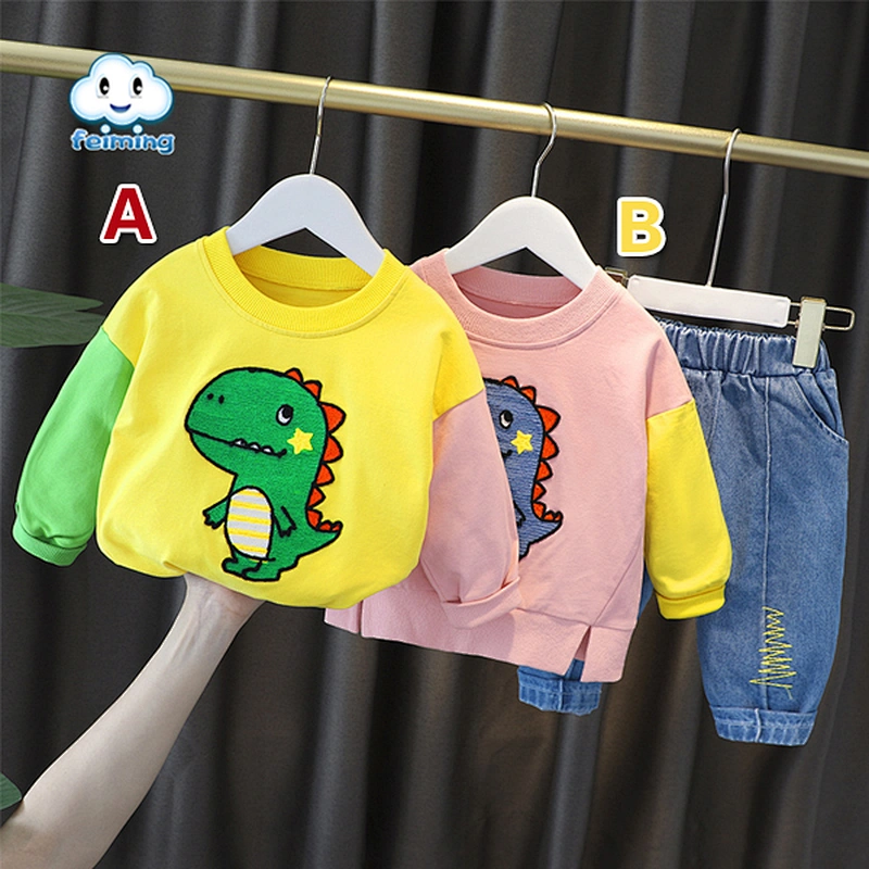 cartoon dinosaur Print Long Sleeve Sweatshirt+Jeans Pants Toddler Casual Set