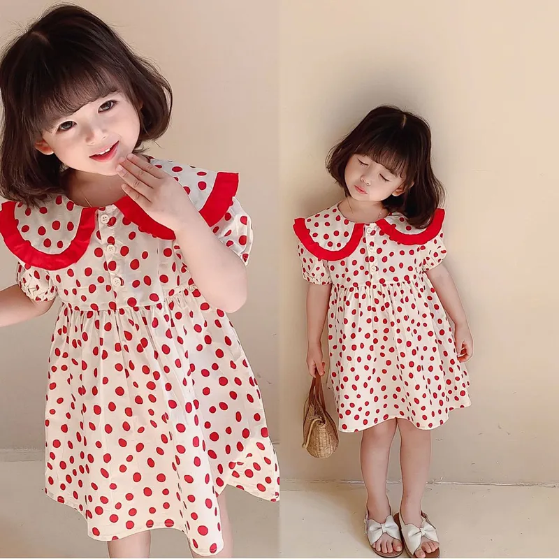 Girls summer princess dresses for kids western style polka dot lapel kids frock girls dress