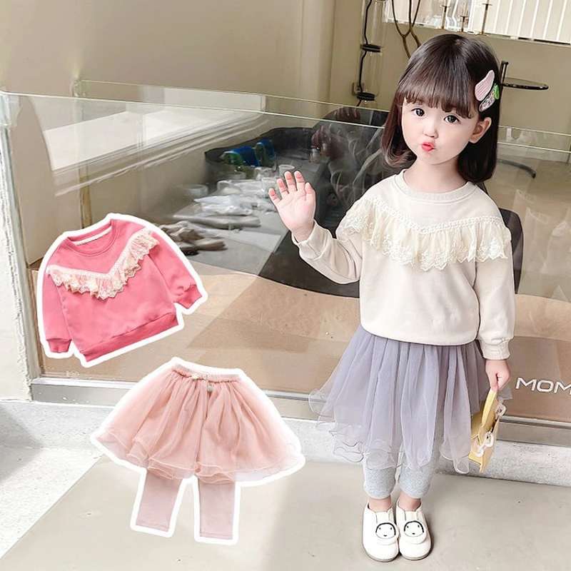 Girls' Clothing Kids Lace Sleeve Top and Tutu Skirt Set