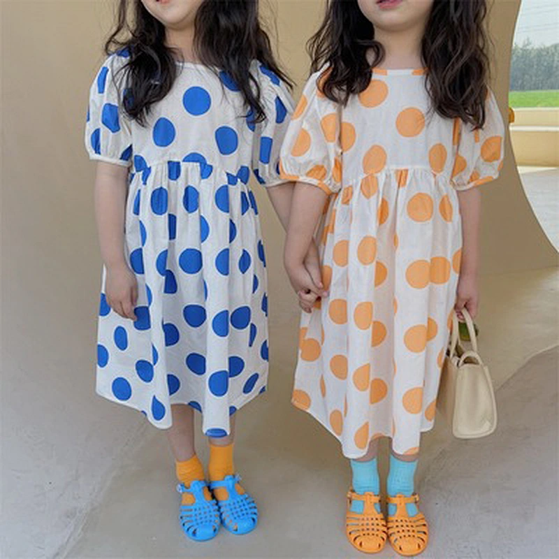 Hot sale fancy kids dress girl summer polka dot dress for kids long kids dresses