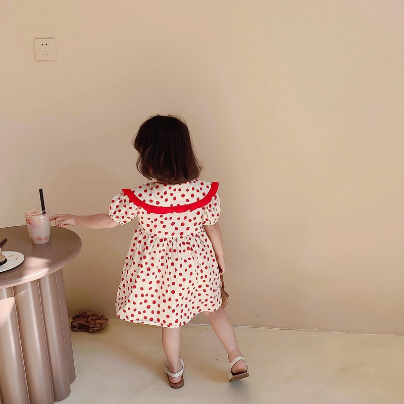 Girls summer princess dresses for kids western style polka dot lapel kids frock girls dress