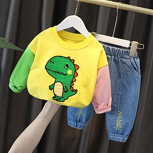 cartoon dinosaur Print Long Sleeve Sweatshirt+Jeans Pants Toddler Casual Set