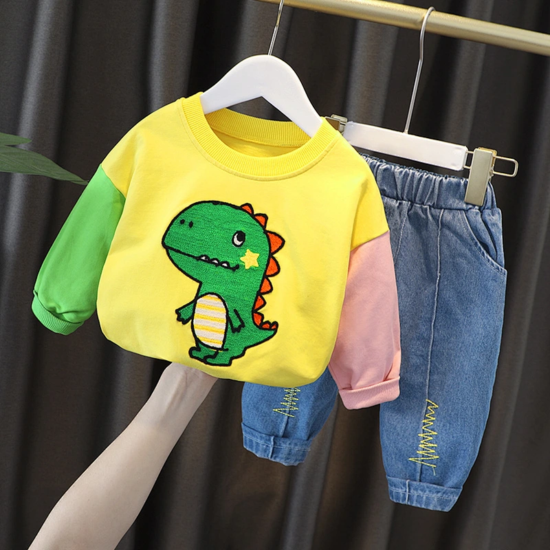 cartoon dinosaur Print Long Sleeve Sweatshirt+Jeans Pants Toddler Casual Set