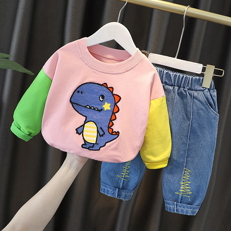 cartoon dinosaur Print Long Sleeve Sweatshirt+Jeans Pants Toddler Casual Set