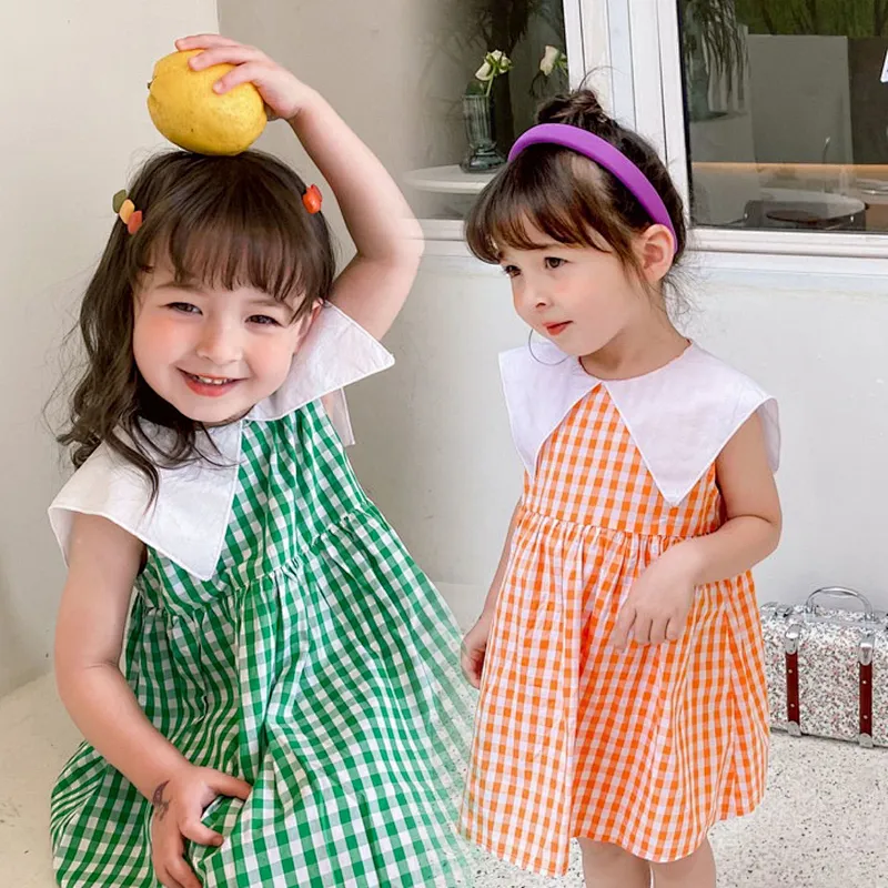 Summer wholesale dress kids girls casual dress kids plaid dress