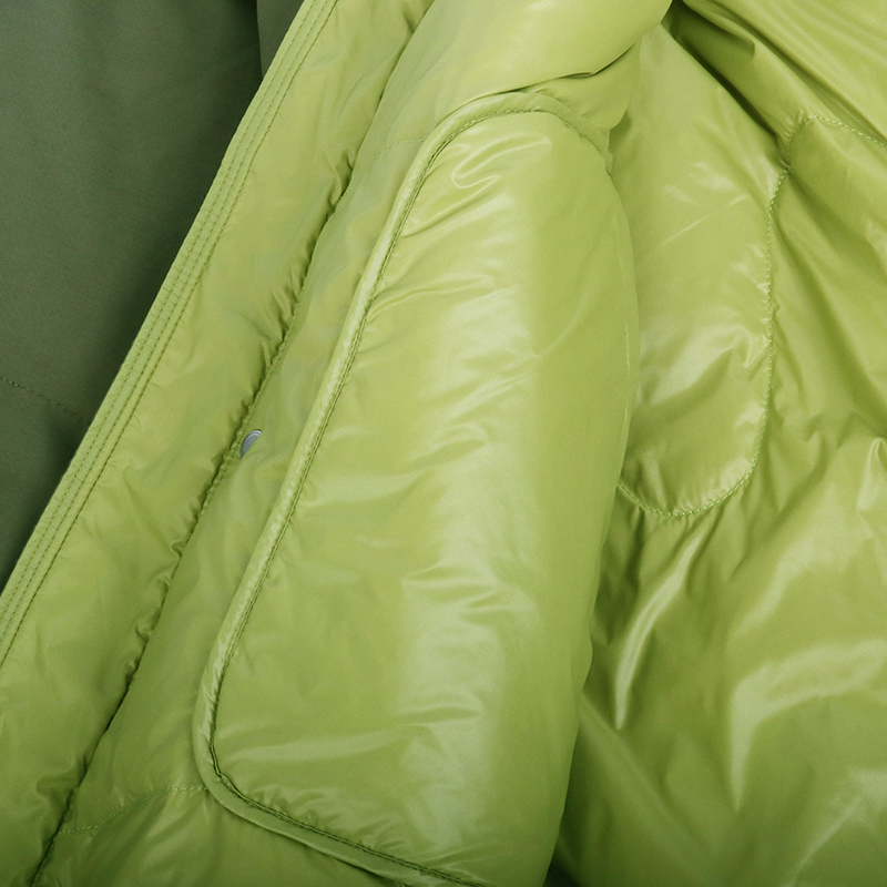 quilted long puffer coat liner pocket detail