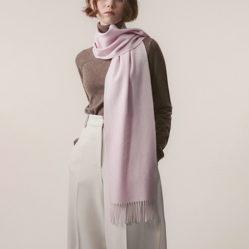 light lavender fringed wool-blend scarf fabric detail