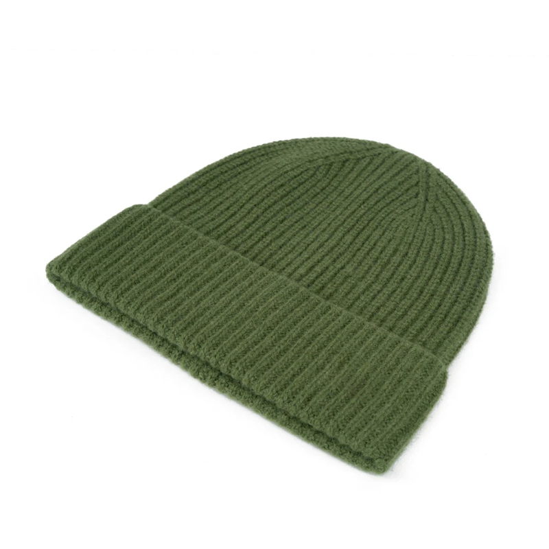 olive green ribbed knit cuffed beanie flat view