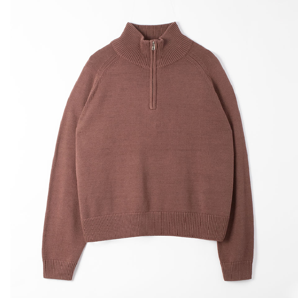 brown half-zip mock neck knit sweater