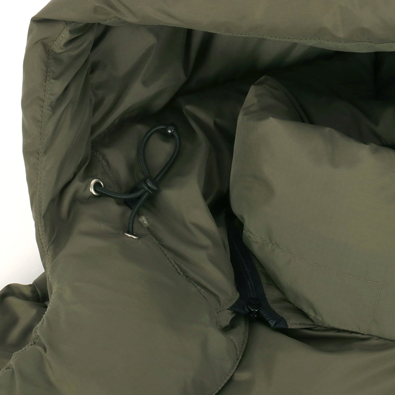olive green long puffer coat detail
