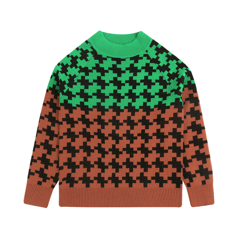 green brown gradient cross intarsia knit sweater