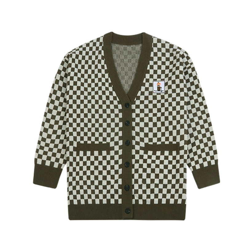 custom olive checkerboard knit cardigan