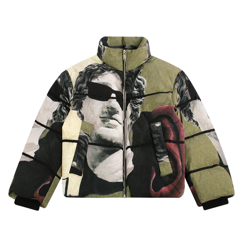 statue print puffer jacket front view